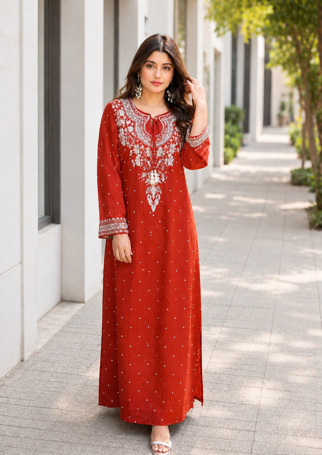 Lucknowi Chikankari A-Line Kaftan Style 3-Pcs Set