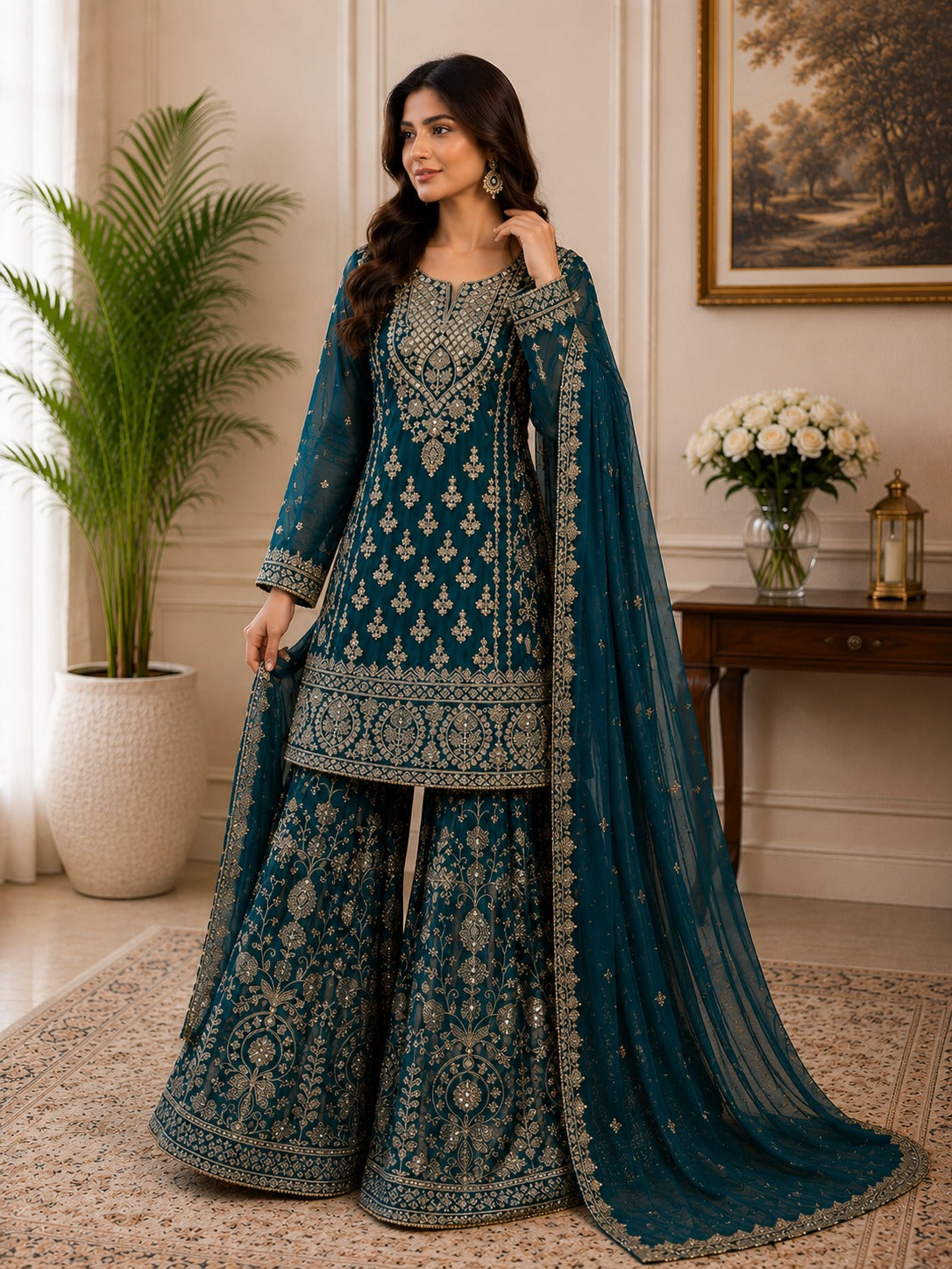 Royal Tissue Shimmer Sharara Set – Handcrafted Zardozi Elegance