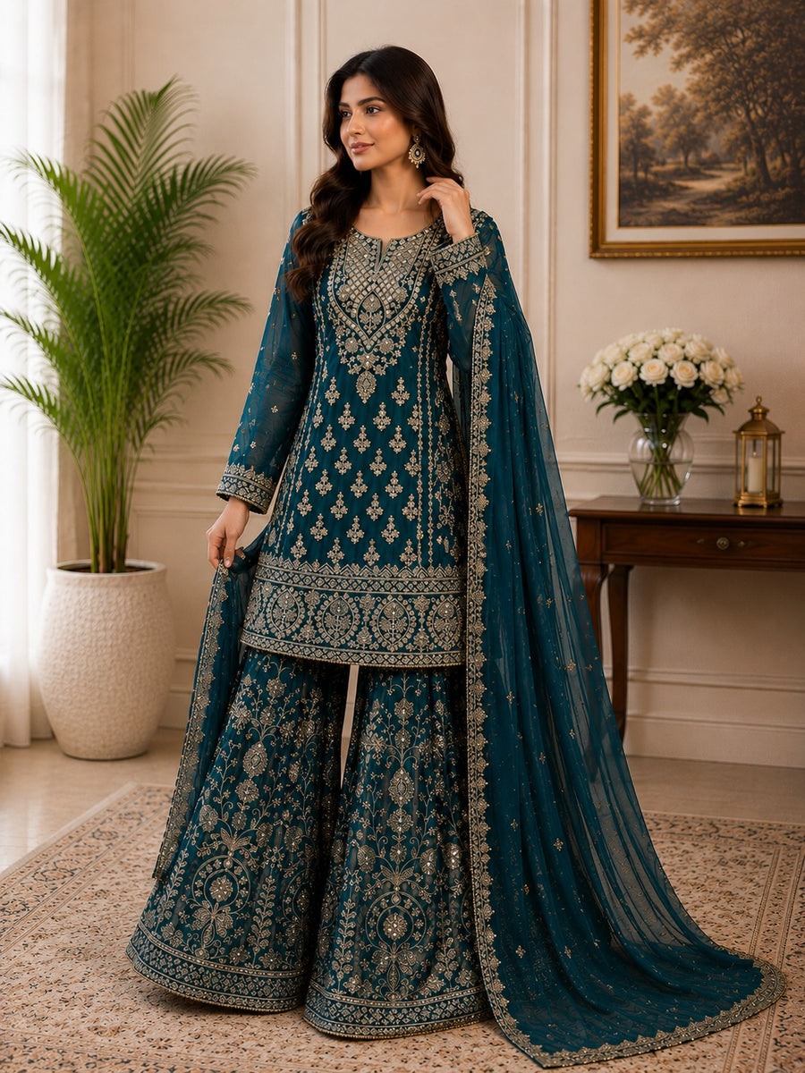 Royal Tissue Shimmer Sharara Set – Handcrafted Zardozi Elegance