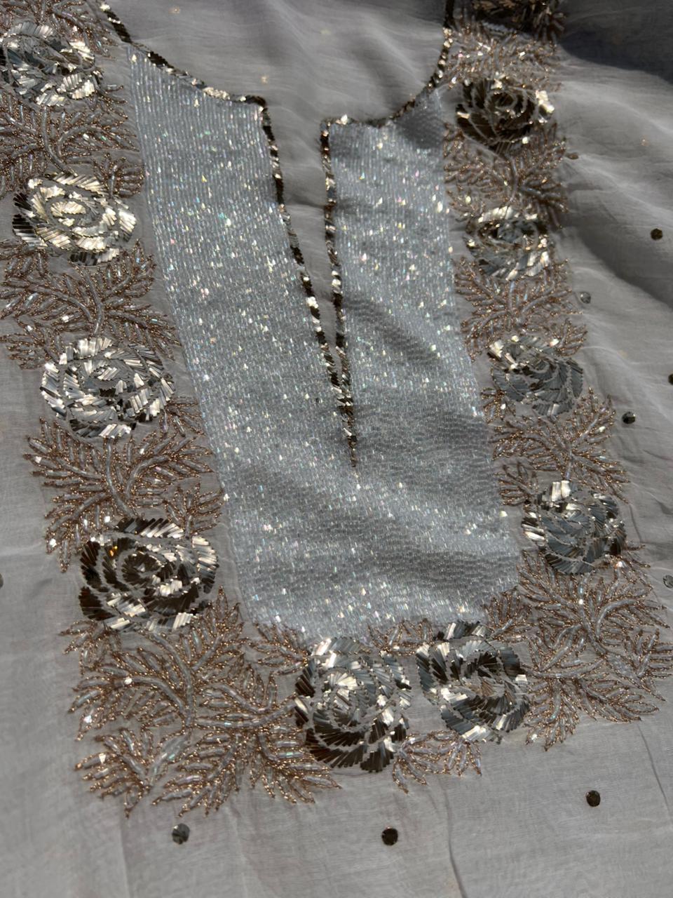 Lucknowi Chikankari Pearl Cutdana Pitta Kasab Suit Set