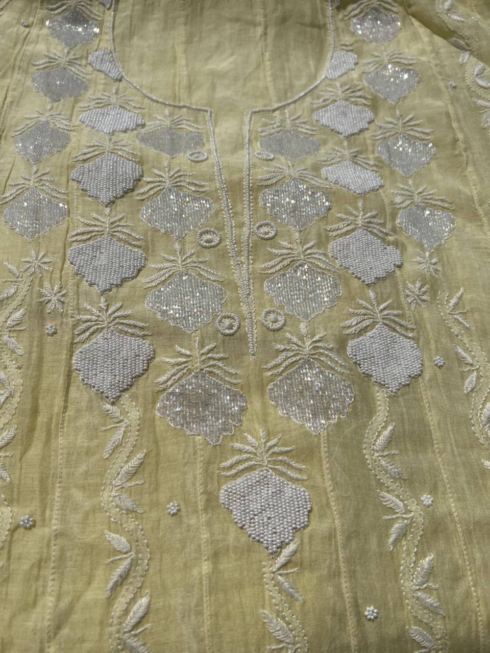 Lucknowi Chikankari Mul Chanderi Anarkali with Pearl & Cutdana Work