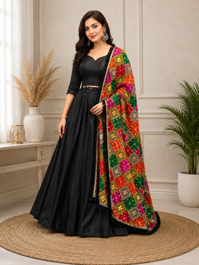 Crepe Lehenga Set with Multicolor Phulkari Dupatta
