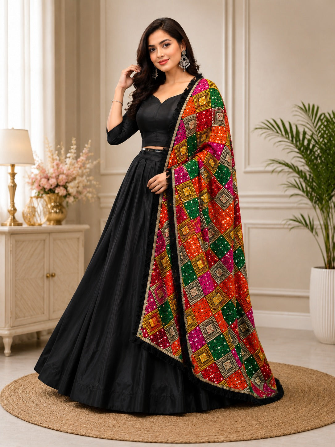 Crepe Lehenga Set with Multicolor Phulkari Dupatta