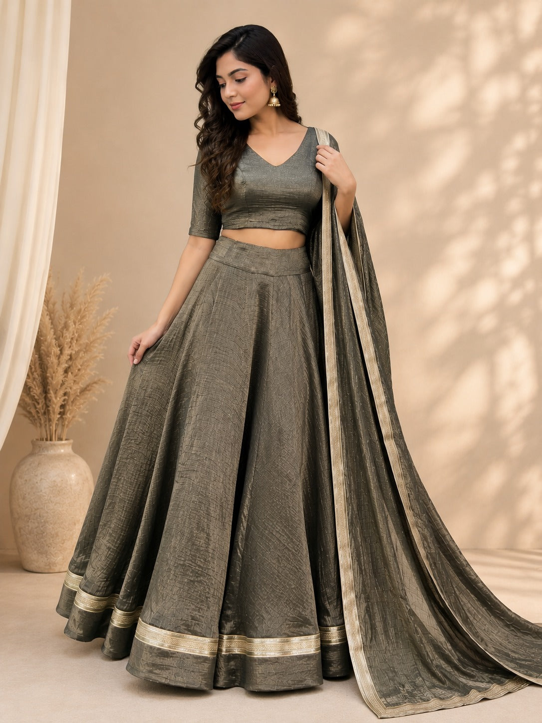 Elegant Tissue Shimmer Lehenga Set with Matching Lace-Detail Dupatta