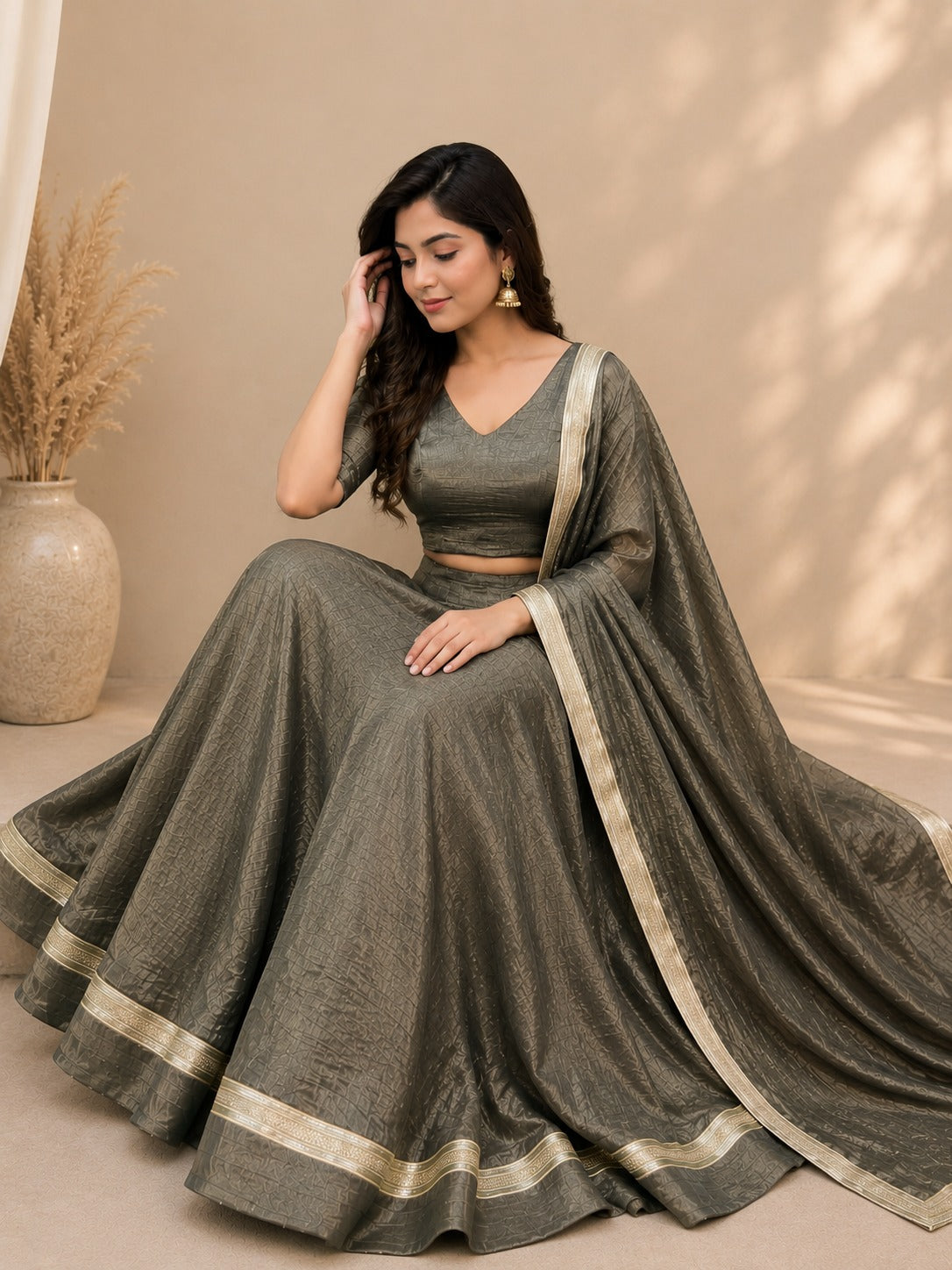 Elegant Tissue Shimmer Lehenga Set with Matching Lace-Detail Dupatta