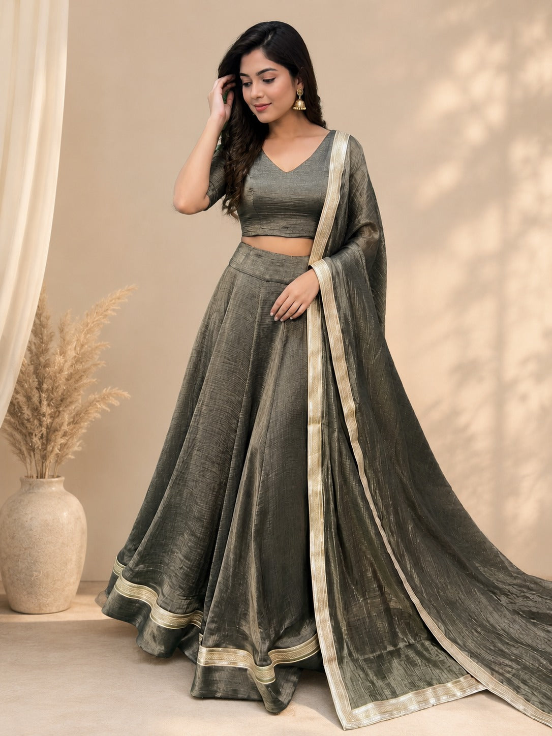 Elegant Tissue Shimmer Lehenga Set with Matching Lace-Detail Dupatta