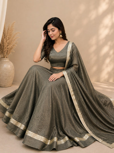 Elegant Tissue Shimmer Lehenga Set with Matching Lace-Detail Dupatta