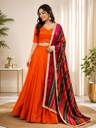 Crepe Lehenga Set with Multicolor Phulkari Dupatta