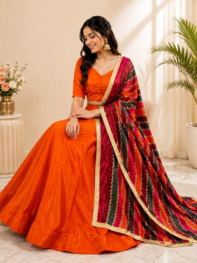 Crepe Lehenga Set with Multicolor Phulkari Dupatta
