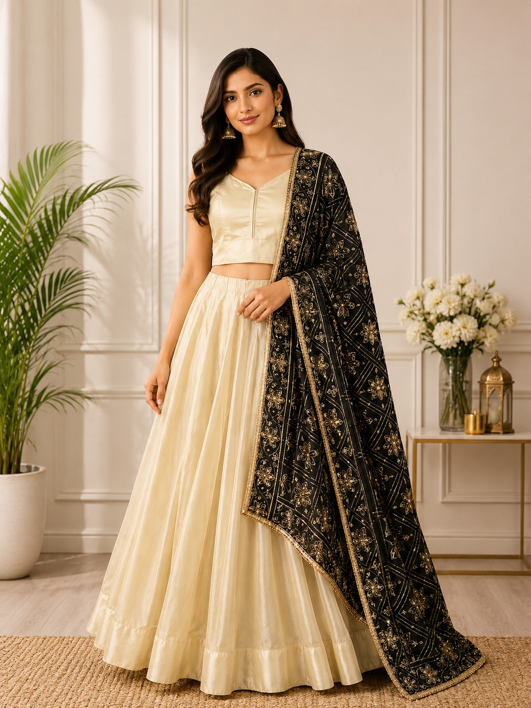 Tissue Shimmer Lehenga Set with Multicolor Phulkari Dupatta