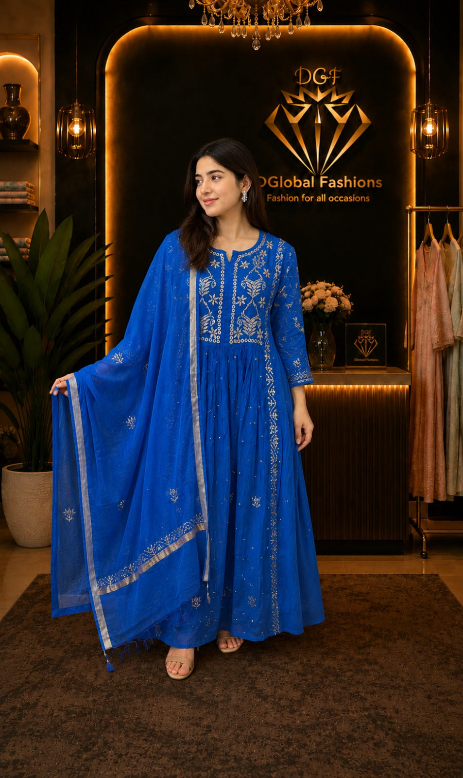 Premium Lucknowi Chikankari Mul Chanderi Mukaish A-Line Suit Set with Dupatta & Pant