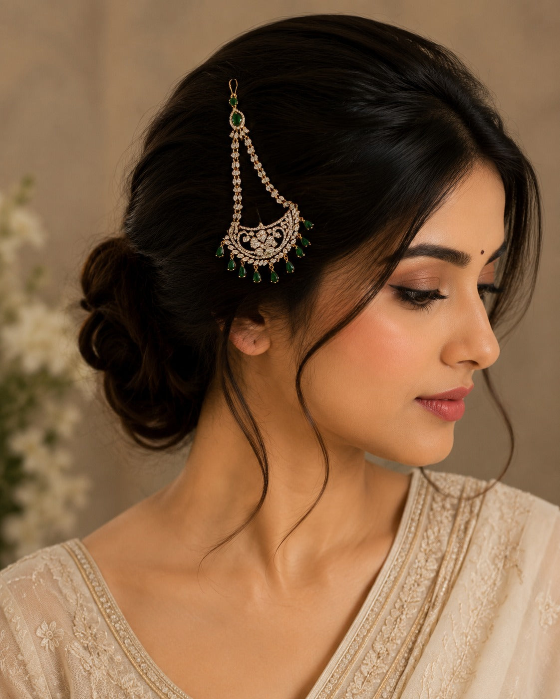 Designer Silver Stone Paasa with Green Drop Accents