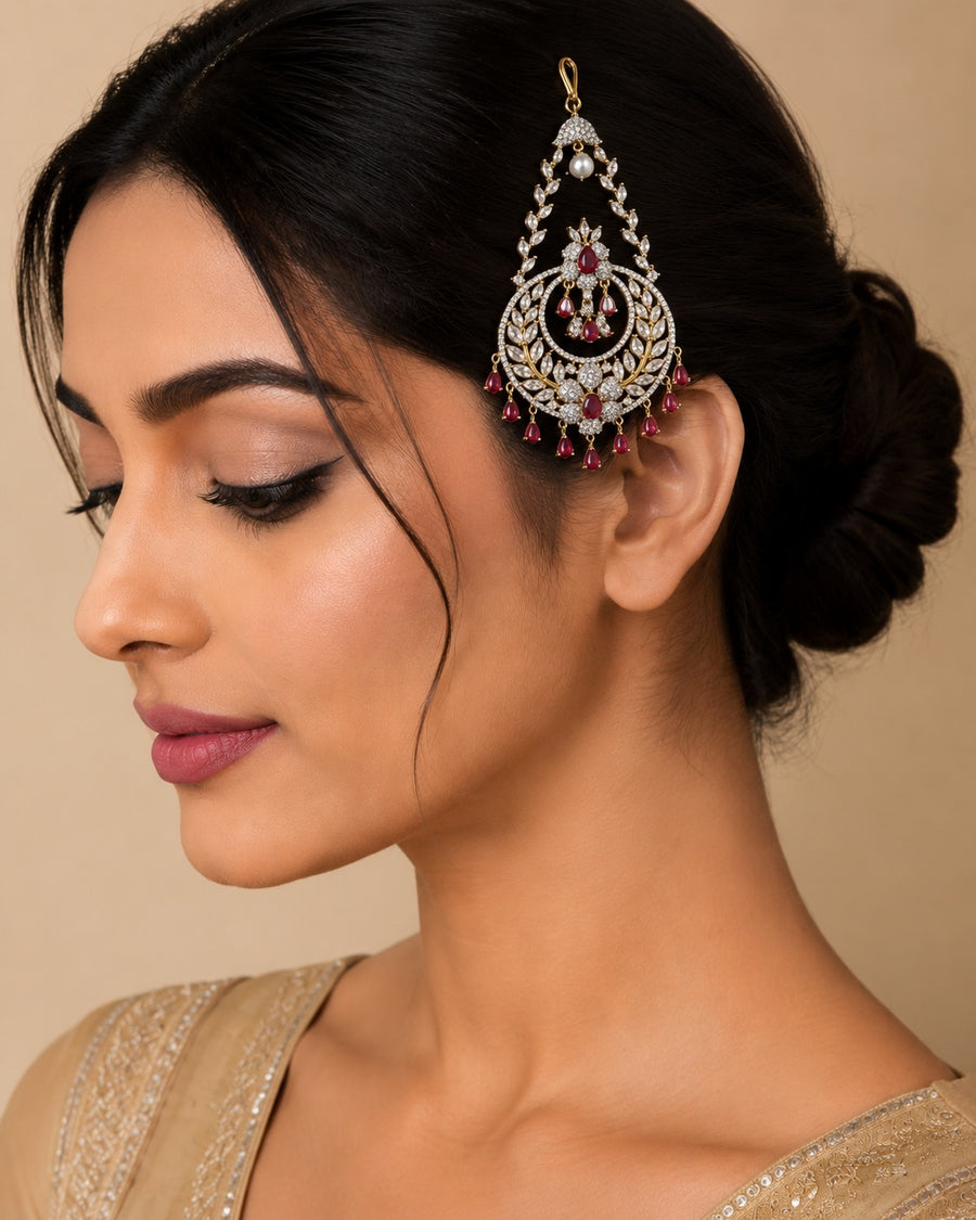 Designer Ruby Stone Bridal Paasa with Pearl Drop