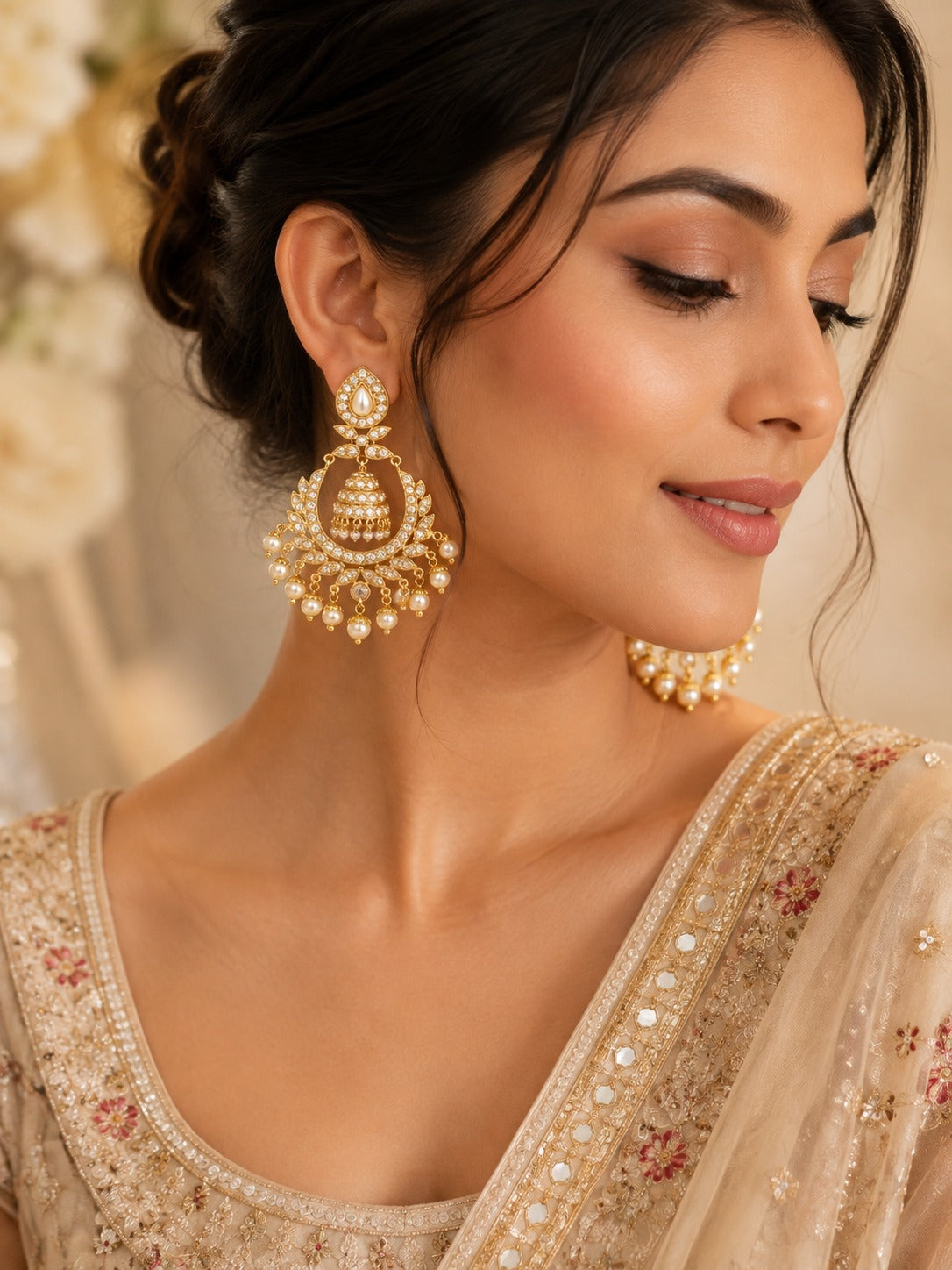 Jadau Chandbali Earrings with Pearls | Indian Jewelry