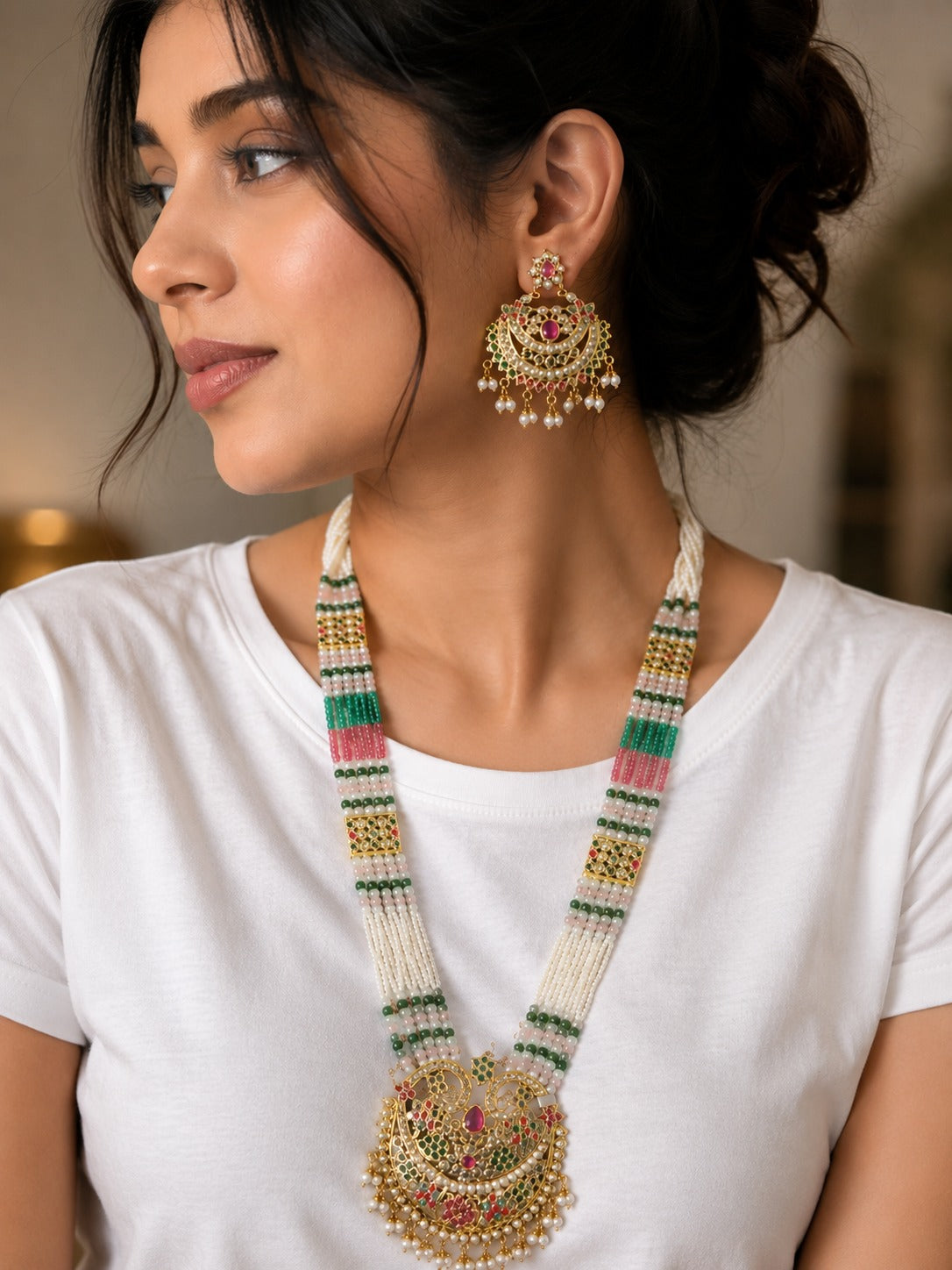 Kundan Meenakari Rani Haar Necklace Set with Pearl Beads | Indian Bridal Imitation Jewellery
