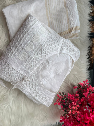 Lucknowi Chikankari Unstitched Mul Angrakha with Heavy Moti Work | Elegant Ethnic Wear