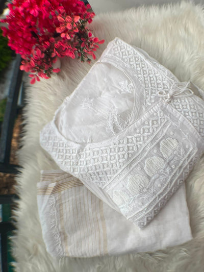 Lucknowi Chikankari Unstitched Mul Angrakha with Heavy Moti Work | Elegant Ethnic Wear