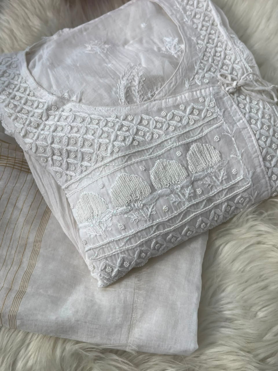 Lucknowi Chikankari Unstitched Mul Angrakha with Heavy Moti Work | Elegant Ethnic Wear