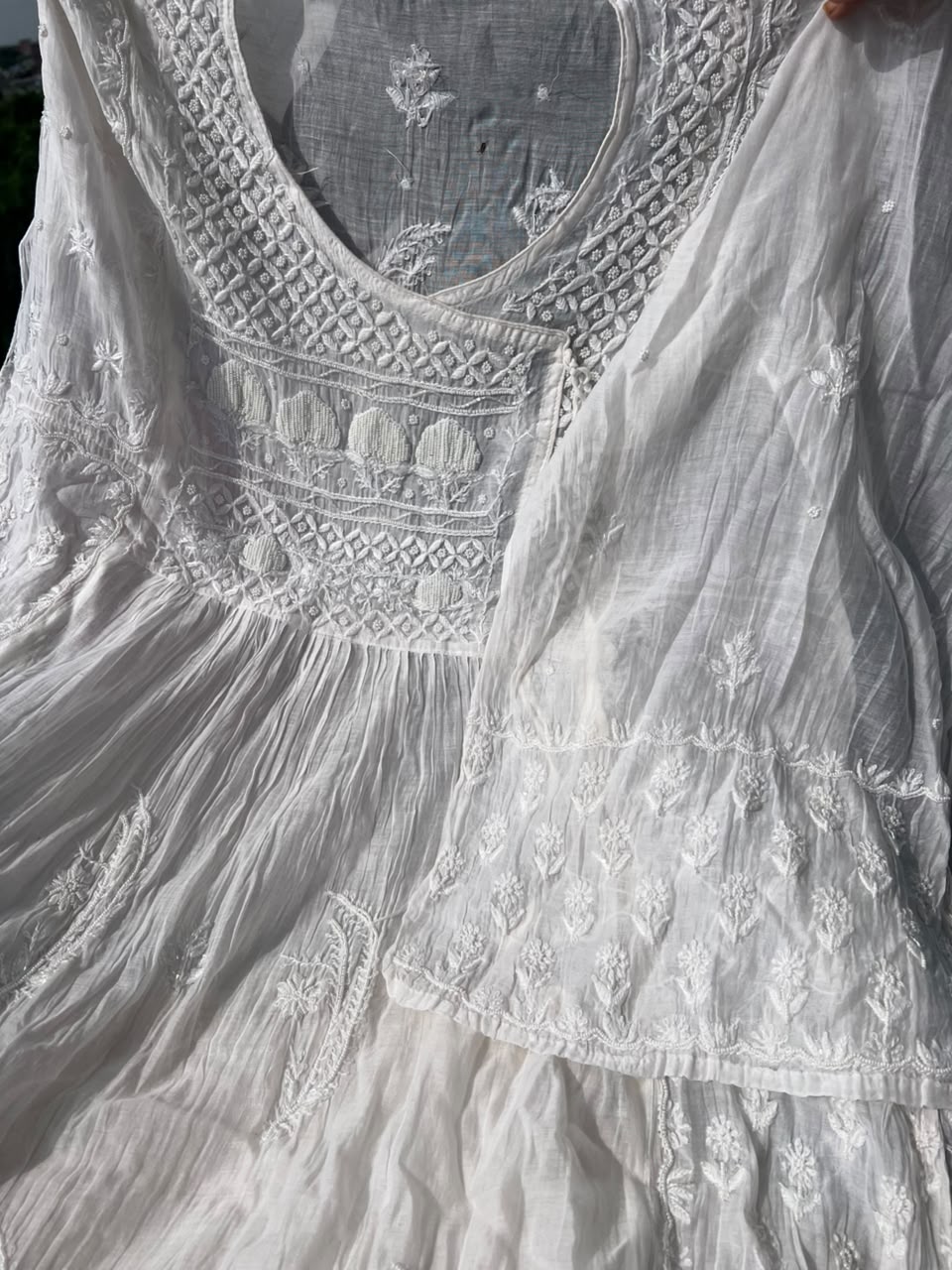 Lucknowi Chikankari Unstitched Mul Angrakha with Heavy Moti Work | Elegant Ethnic Wear