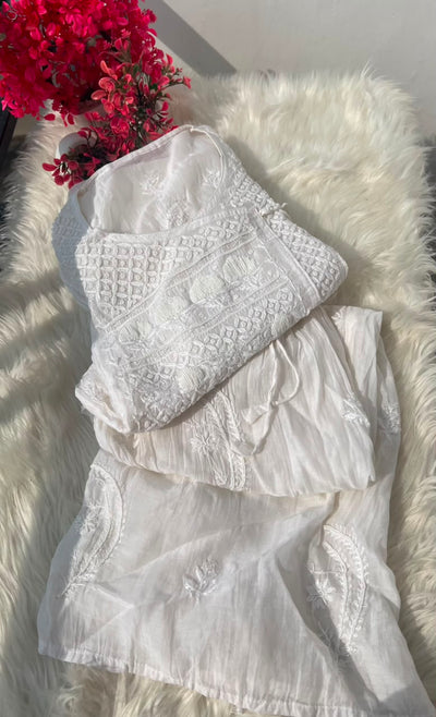 Lucknowi Chikankari Unstitched Mul Angrakha with Heavy Moti Work | Elegant Ethnic Wear