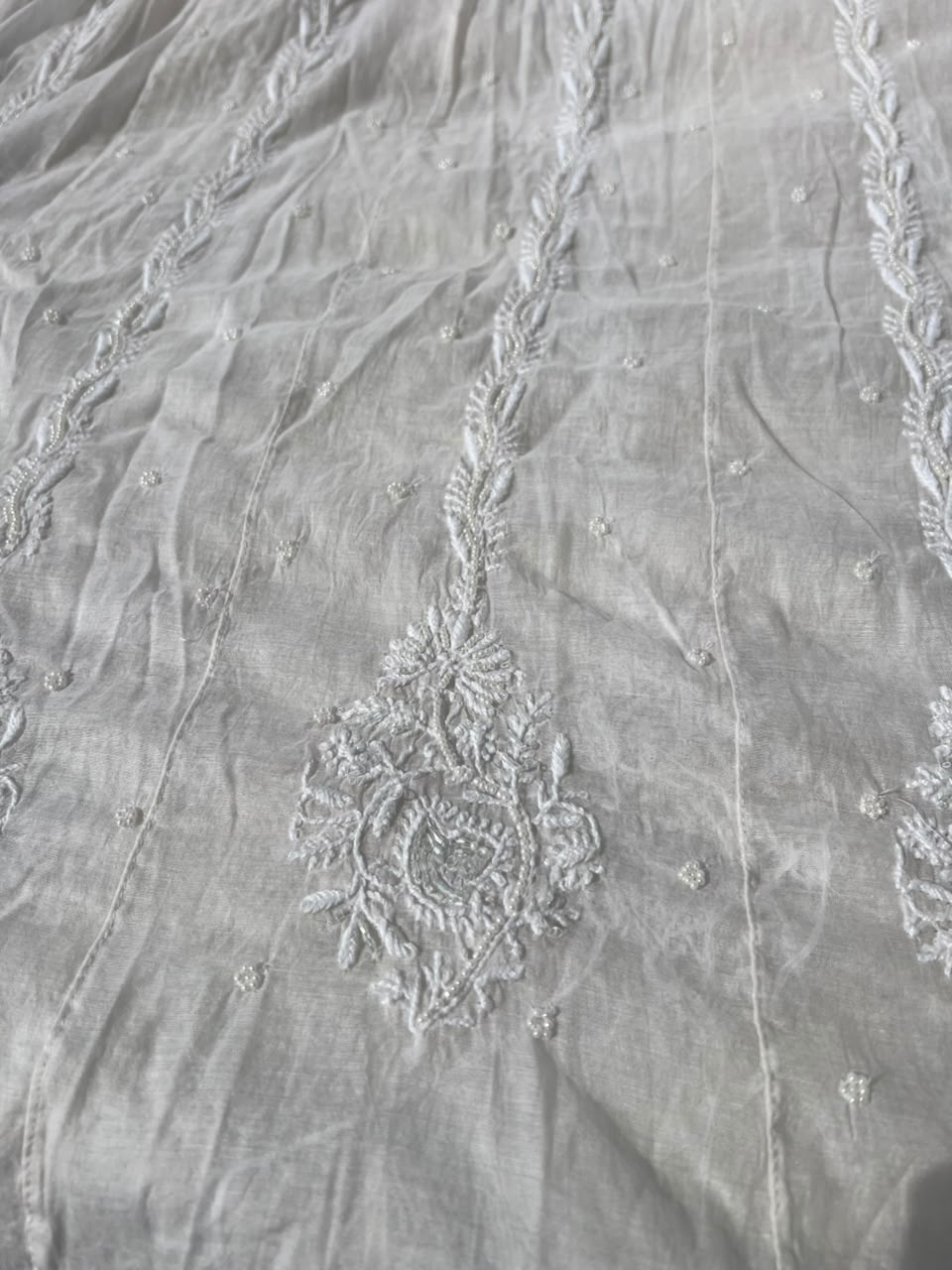 Lucknowi Chikankari Unstitched Mul Anarkali Suit with Heavy Moti Work | Front & Back Embroidery