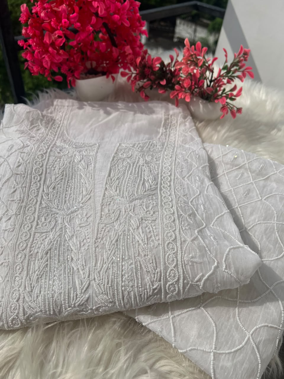 Lucknowi Chikankari Unstitched Straight Suit Set with Heavy Moti & Cutdana Work