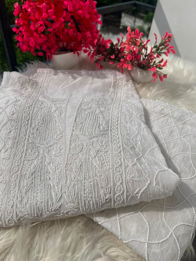 Lucknowi Chikankari Unstitched Straight Suit Set with Heavy Moti & Cutdana Work