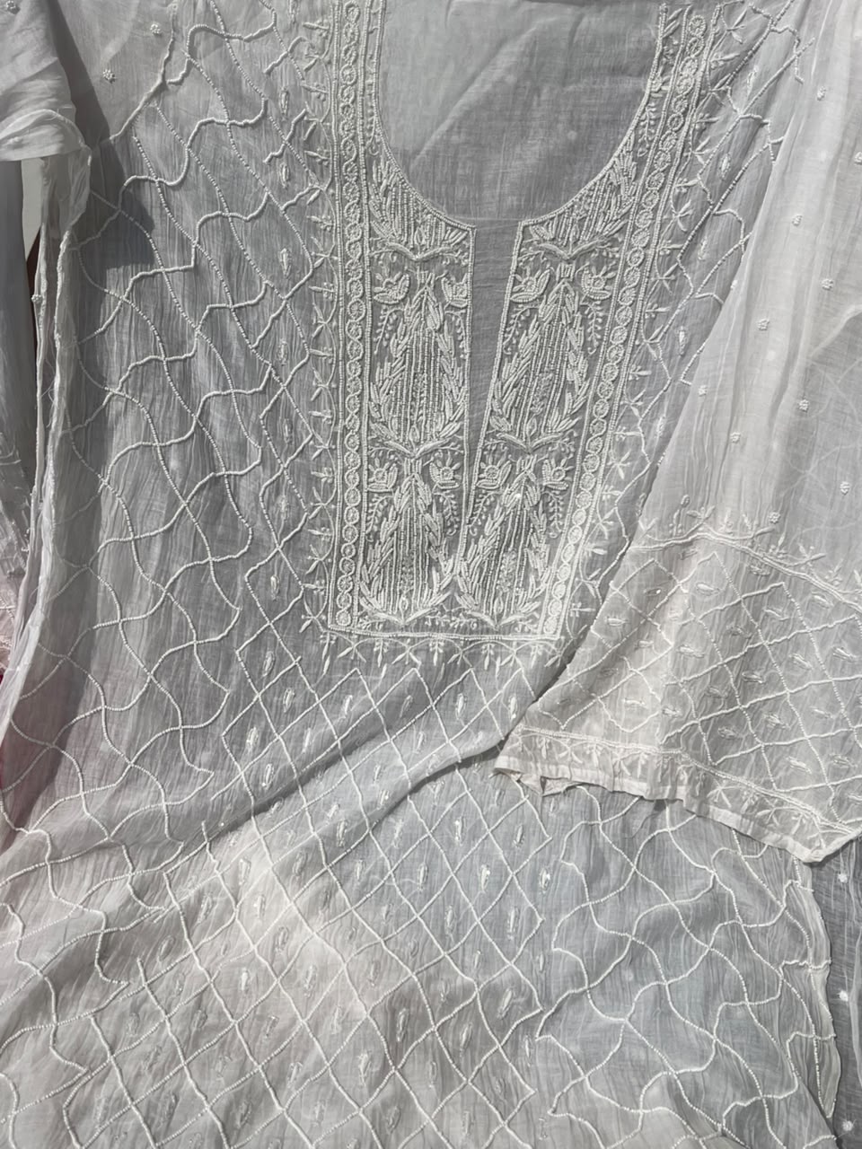 Lucknowi Chikankari Unstitched Straight Suit Set with Heavy Moti & Cutdana Work