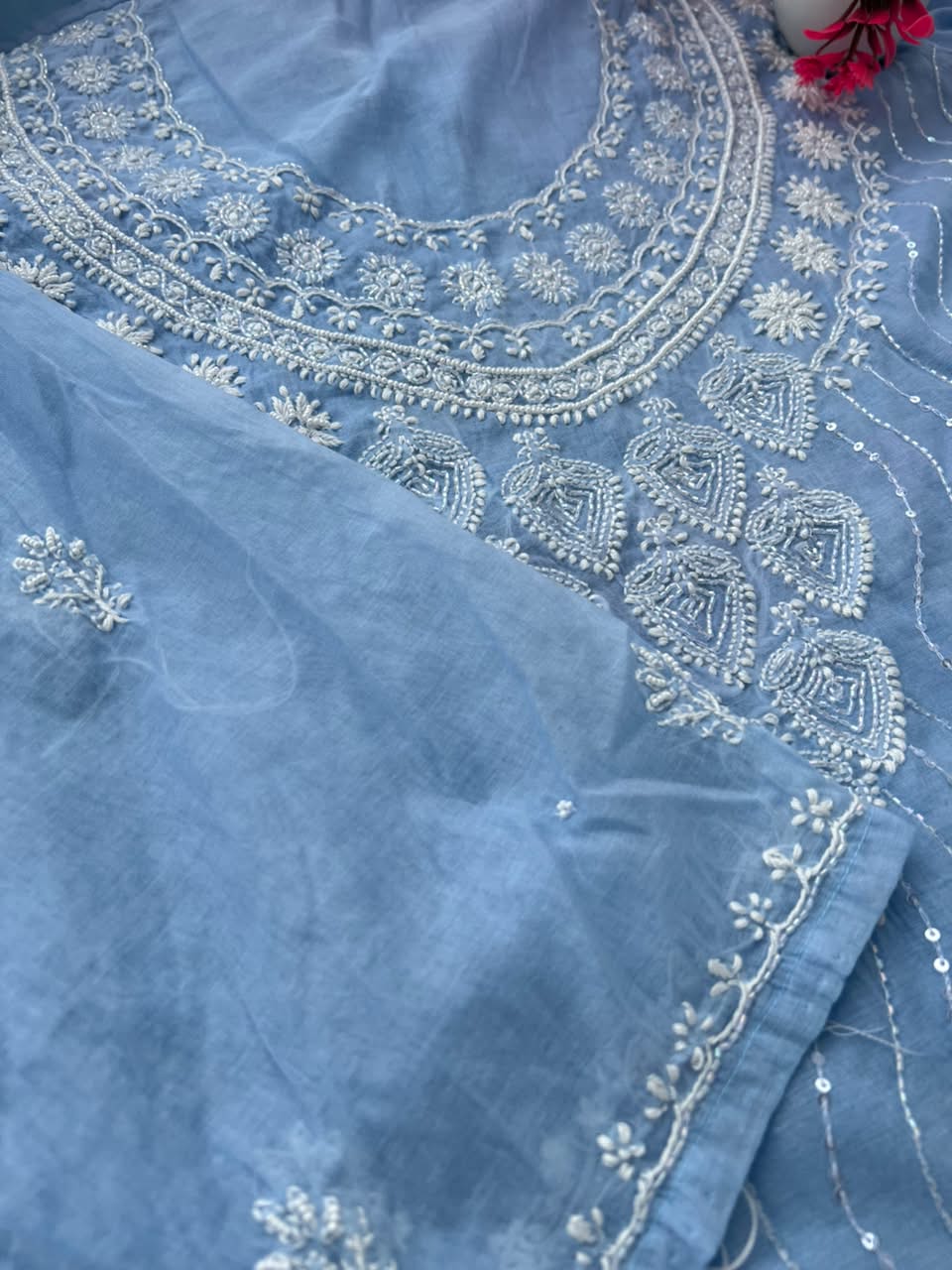 Lucknowi Chikankari Unstitched Mul Chanderi Straight Suit Set