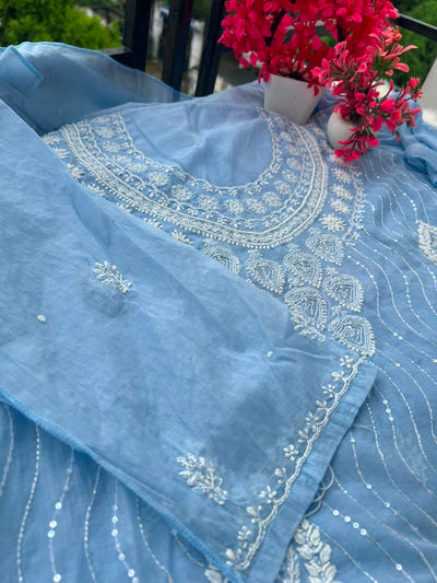 Lucknowi Chikankari Unstitched Mul Chanderi Straight Suit Set