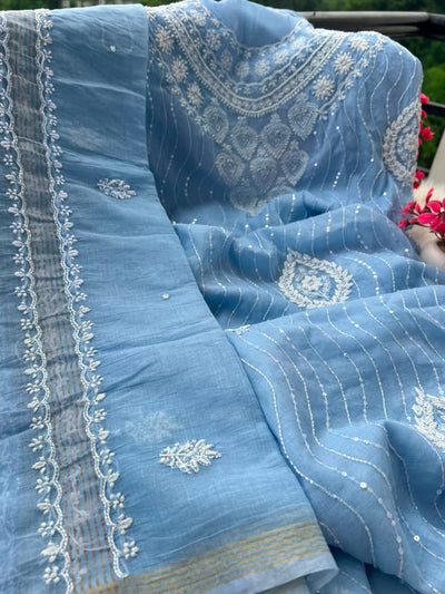 Lucknowi Chikankari Unstitched Mul Chanderi Straight Suit Set