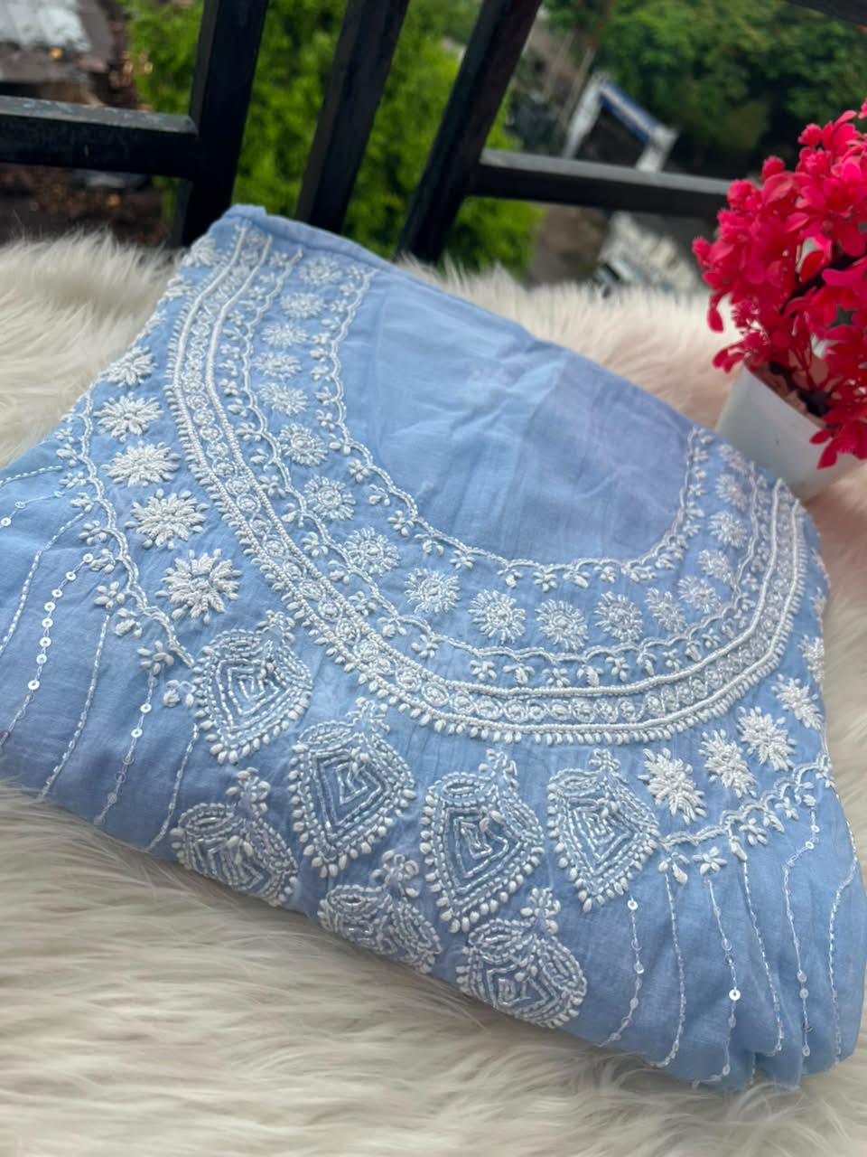 Lucknowi Chikankari Unstitched Mul Chanderi Straight Suit Set