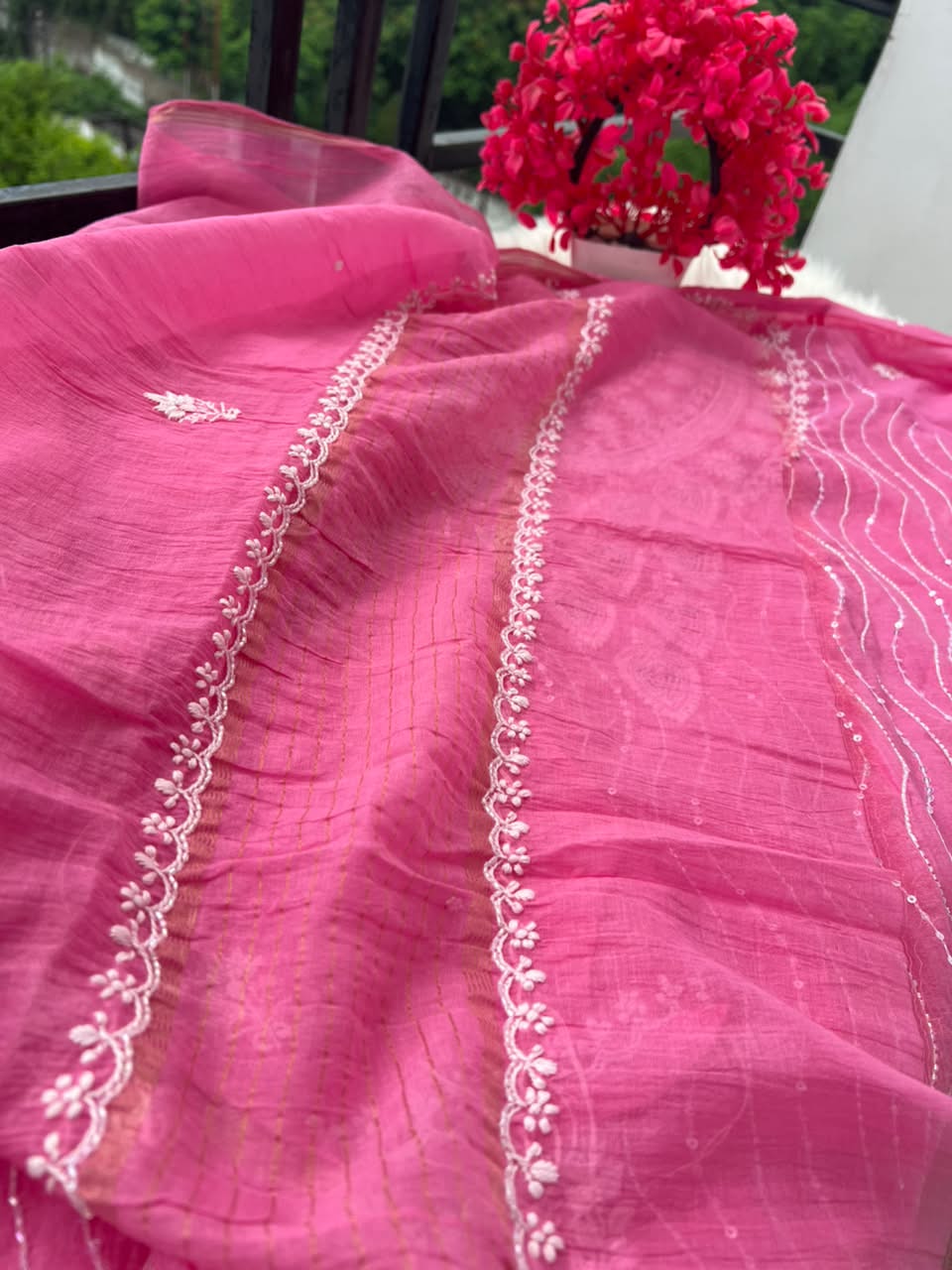 Lucknowi Chikankari Unstitched Mul Chanderi Straight Suit Set