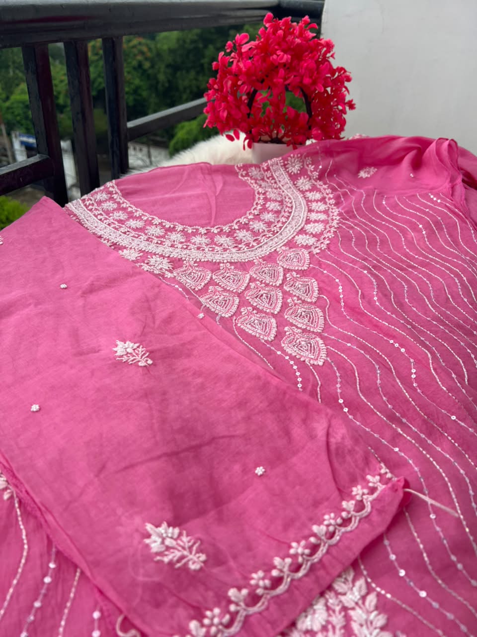Lucknowi Chikankari Unstitched Mul Chanderi Straight Suit Set