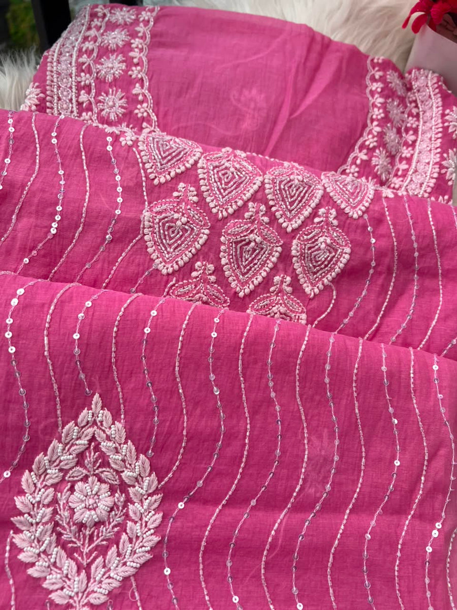 Lucknowi Chikankari Unstitched Mul Chanderi Straight Suit Set