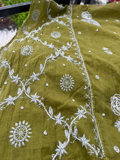 Lucknowi Chikankari A-Line Mul Chanderi Suit with Pearl & Cutdana Work and Dupatta | Elegant Women’s Ethnic Wear