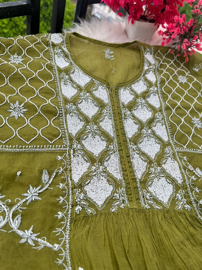 Lucknowi Chikankari A-Line Mul Chanderi Suit with Pearl & Cutdana Work and Dupatta | Elegant Women’s Ethnic Wear