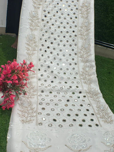 Lucknowi Chikankari Mul Georgette Unstitched Suit Set with Mirror, Pearl & Cutdana Work Elegant Ethnic Wear