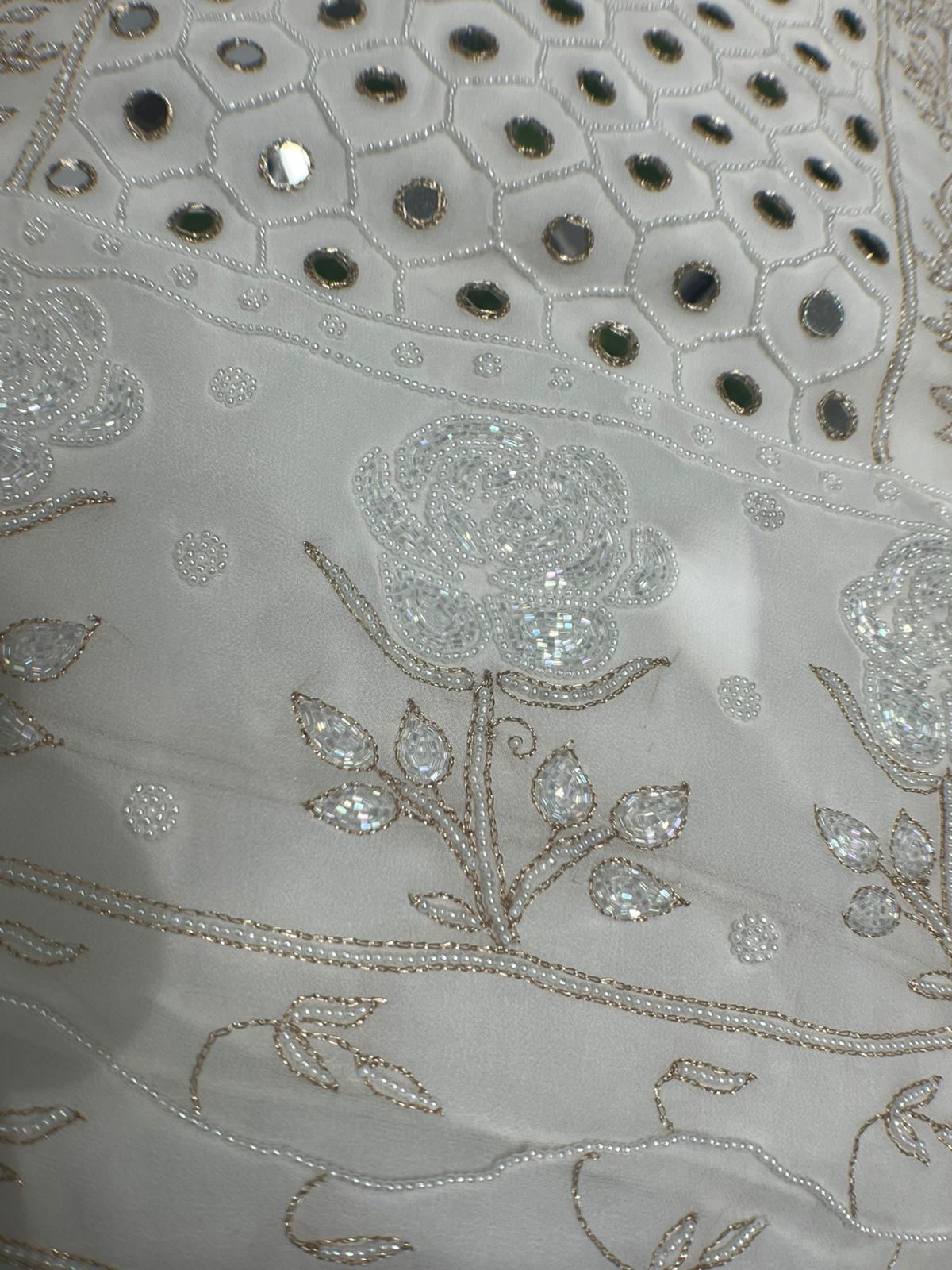 Lucknowi Chikankari Mul Georgette Unstitched Suit Set with Mirror, Pearl & Cutdana Work Elegant Ethnic Wear