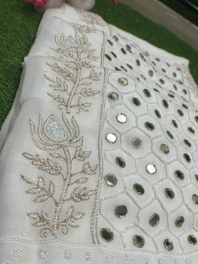 Lucknowi Chikankari Mul Georgette Unstitched Suit Set with Mirror, Pearl & Cutdana Work Elegant Ethnic Wear