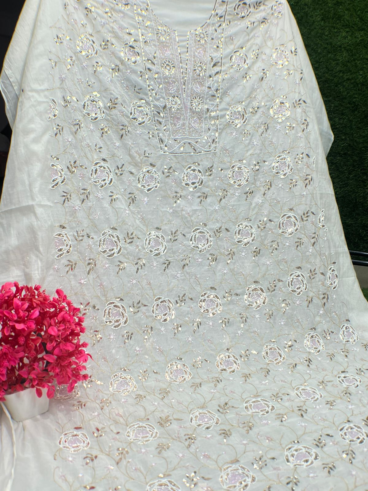 Lucknowi Chikankari Unstitched Mul Chanderi Straight Suit Set with Matching Dupatta