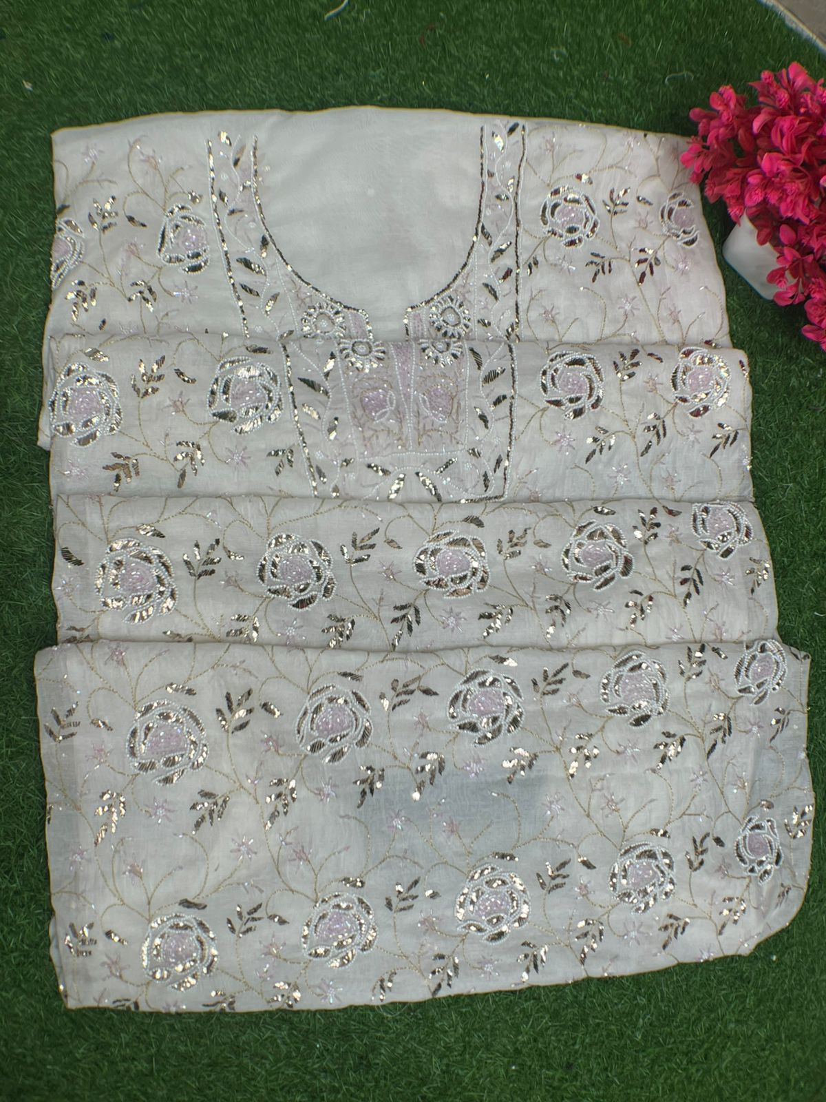 Lucknowi Chikankari Unstitched Mul Chanderi Straight Suit Set with Matching Dupatta