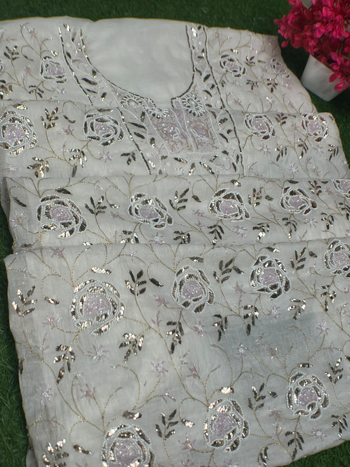 Lucknowi Chikankari Unstitched Mul Chanderi Straight Suit Set with Matching Dupatta