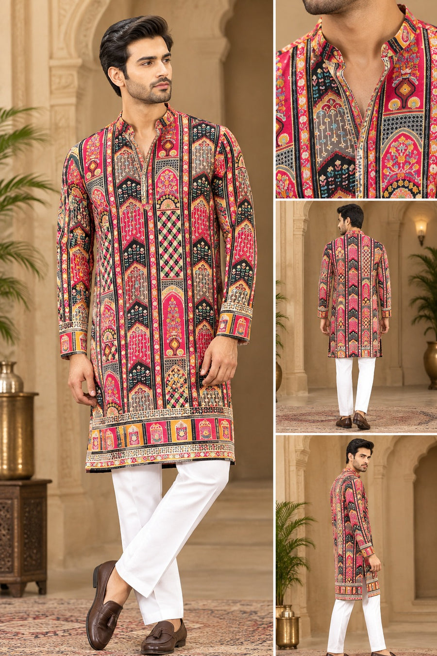 Men’s Shifli Sequence Digital Print Kurta – Elegant Shifli Work with Daman Detailing & Silk Finish