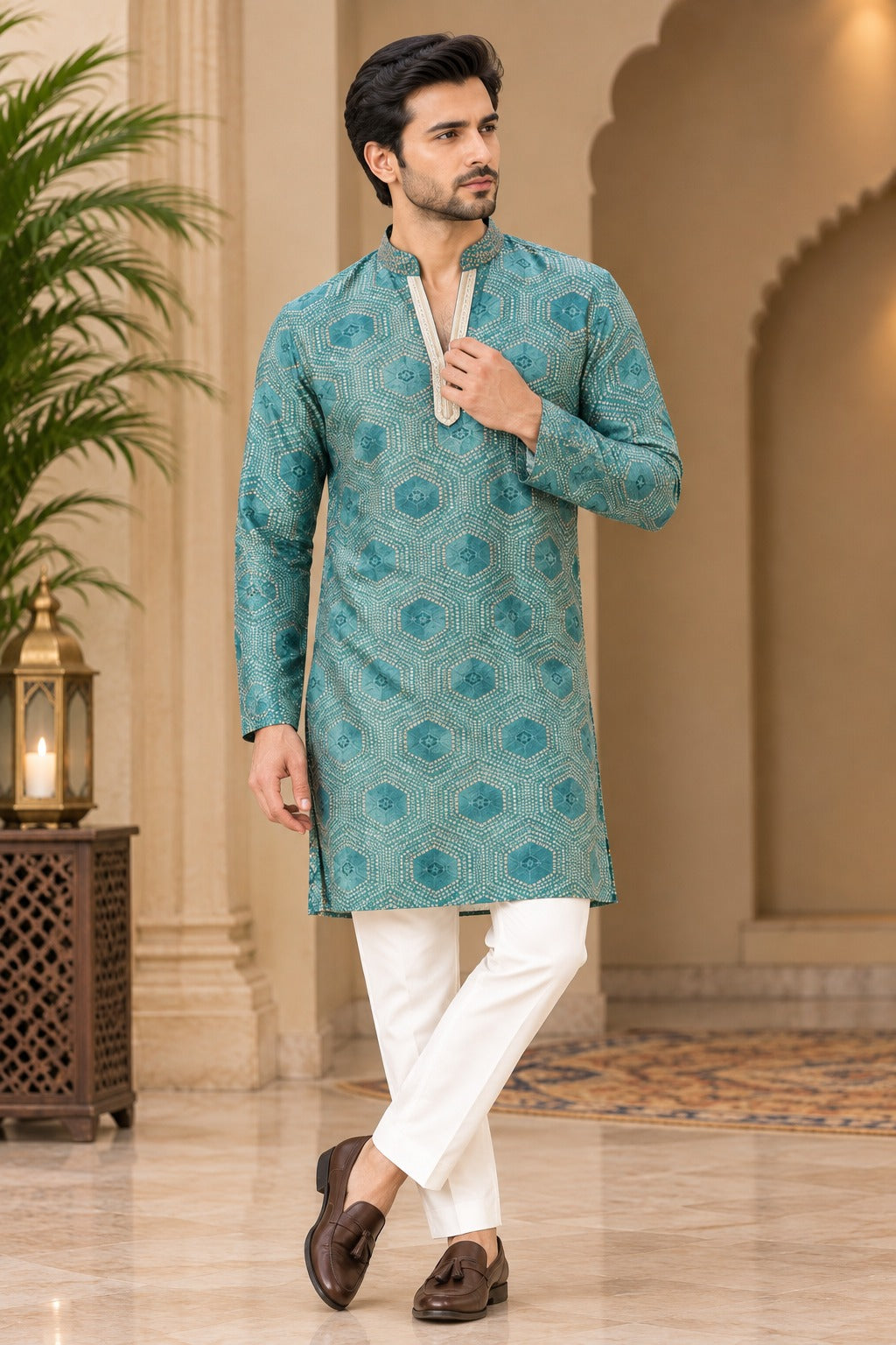 Men’s Silk Short Kurta with Digital Print | Traditional Ethnic Wear