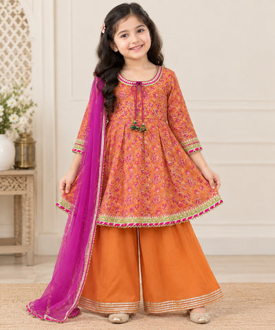 Floral Printed Gotta Patti Kurta & Palazzos With Dupatta – Anarkali Shape