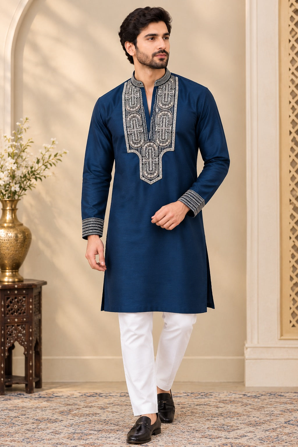 Men’s Silk Short Embroidered Kurta | Traditional Ethnic Wear