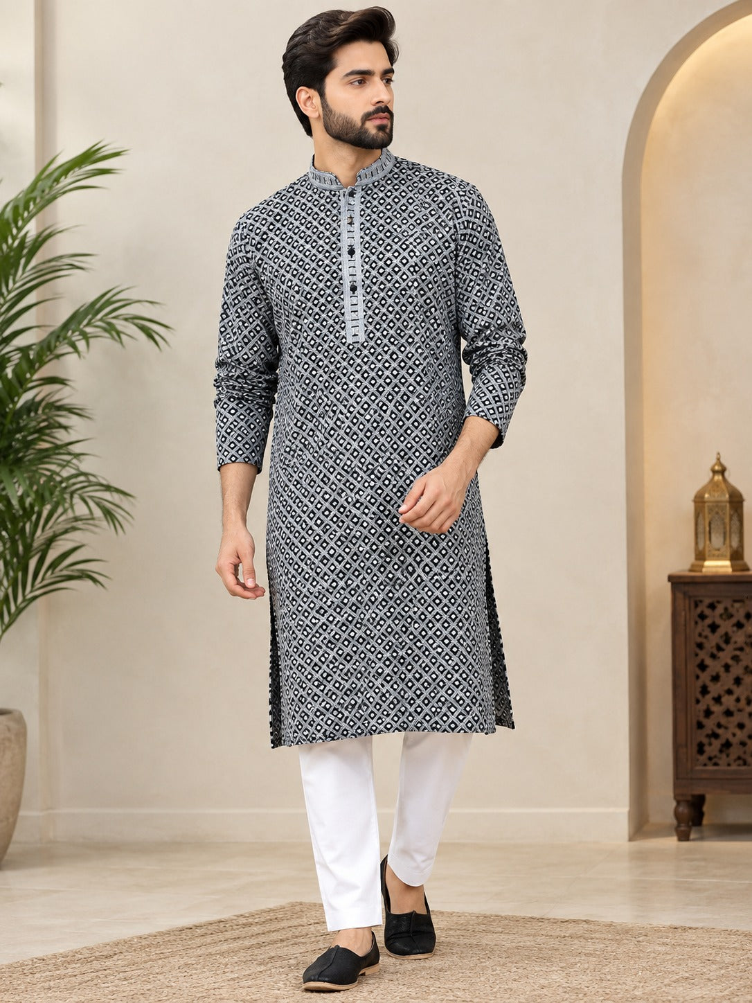 Chikankari Sequin Embroidered Kurta Pajama Set for Men – Elegant Traditional Ethnic Wear