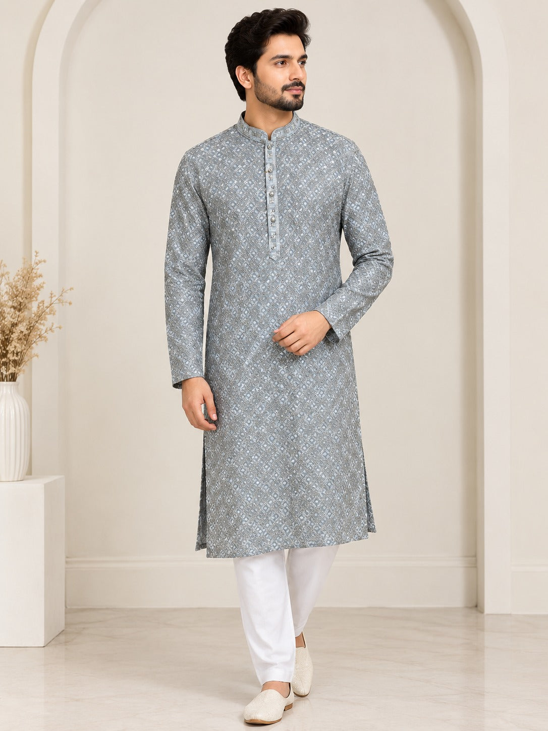 Chikankari Sequin Embroidered Kurta Pajama Set for Men – Elegant Traditional Ethnic Wear