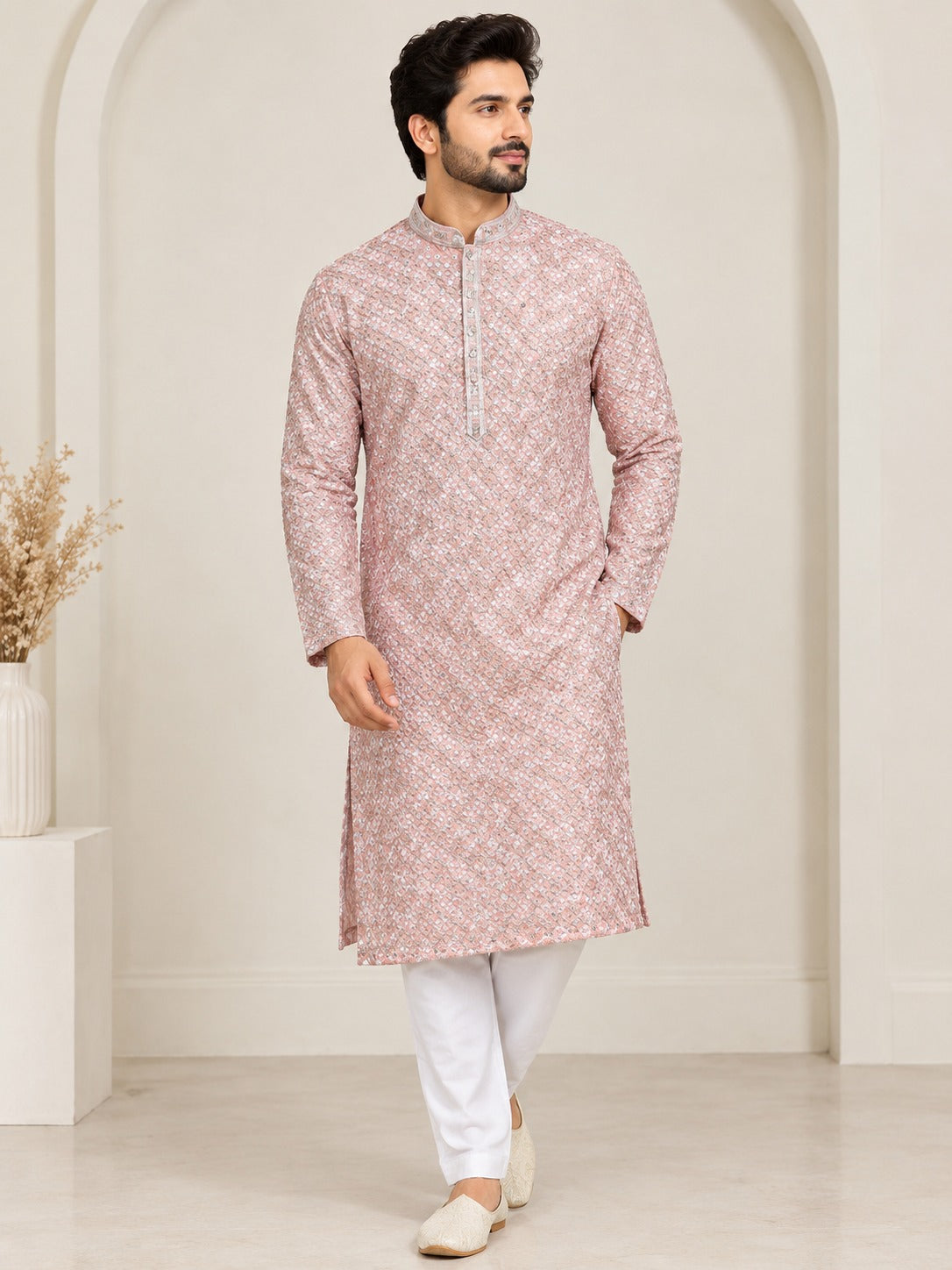Chikankari Sequin Embroidered Kurta Pajama Set for Men – Elegant Traditional Ethnic Wear
